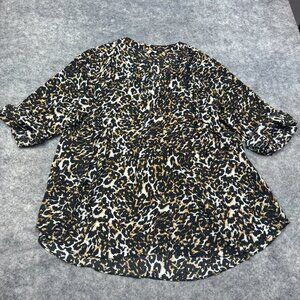 Cato Top Womens 26/28W Brown Leopard V Neck Flowy Blouse Roll Tab 3/4 Sleeve